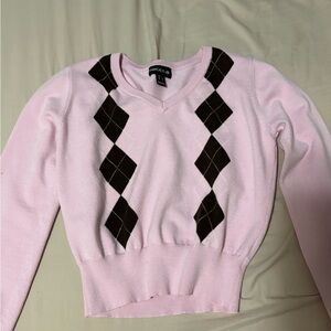 Ardene Pink and Black Argyle V-Neck Sweater